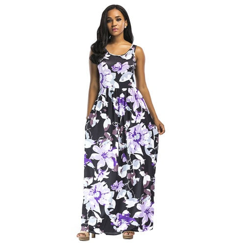 Women Summer Long Maxi Dress Floral Print Sleeveless African Dashiki Dress