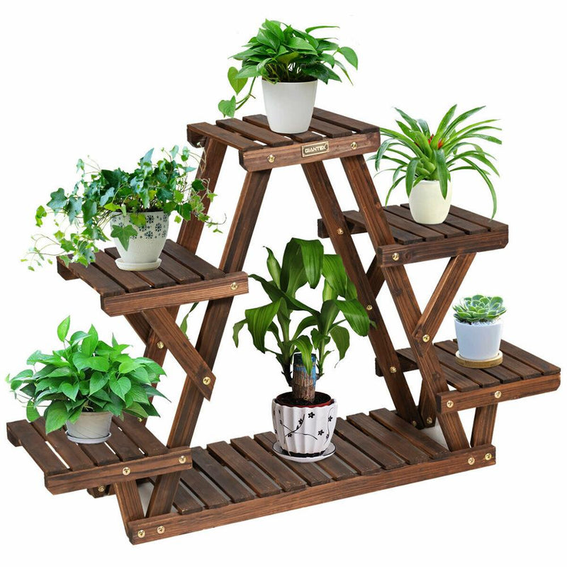 Wood Plant Stand Triangular Shelf 6 Pots Flower Shelf Storage Rack Plant Holder