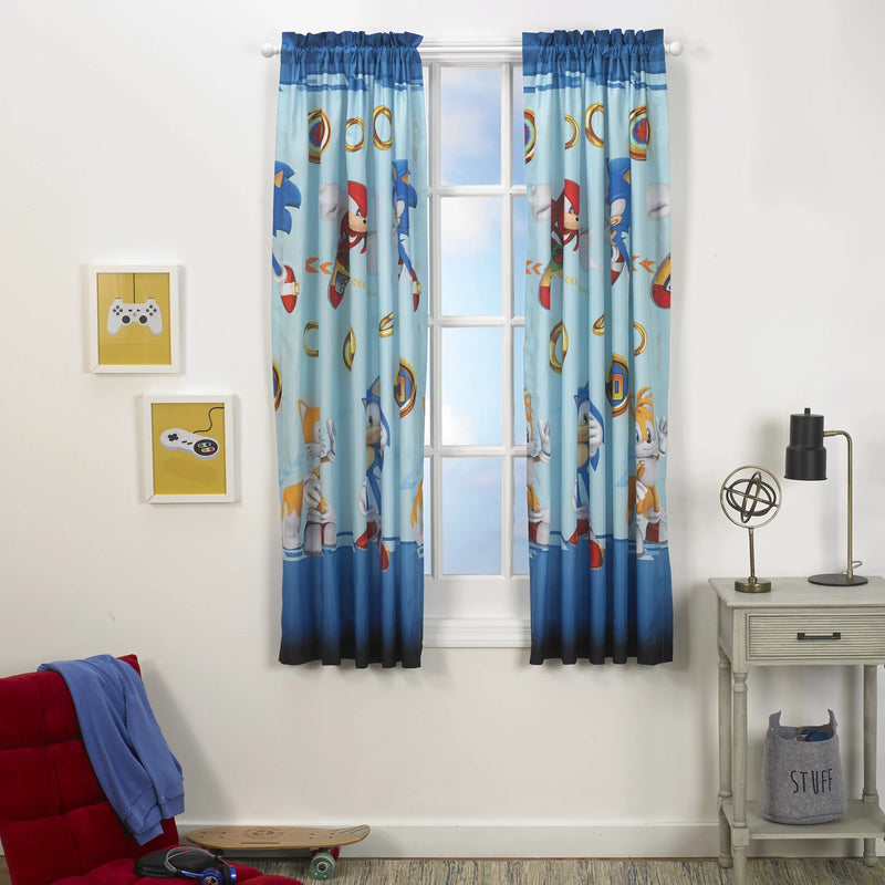 Sonic the Hedgehog Kids Bedroom Window Curtain Set, 2 Panels, 63" Length, Blue
