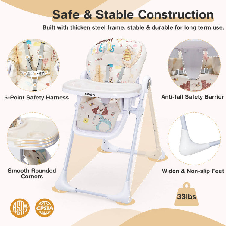 Baby High Chair Folding Feeding Chair with Multiple Recline and Height Positions - Beige