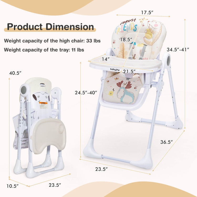 Baby High Chair Folding Feeding Chair with Multiple Recline and Height Positions - Beige