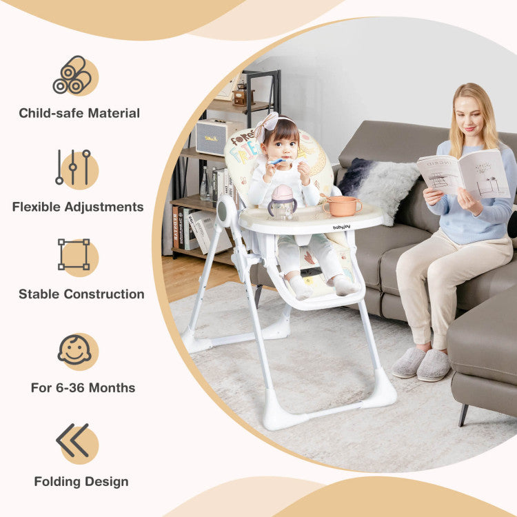 Baby High Chair Folding Feeding Chair with Multiple Recline and Height Positions - Beige