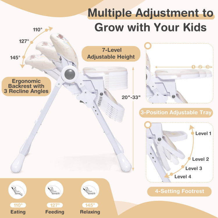 Baby High Chair Folding Feeding Chair with Multiple Recline and Height Positions - Beige