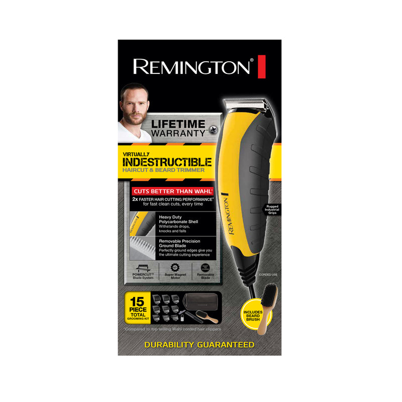 Remington Virtually Indestructible Barbershop Clipper, 15-piece Haircut Kit, Yellow