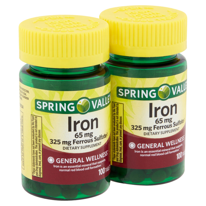 Spring Valley Iron Tablets, 65 mg, 100 Count, 2 Pack