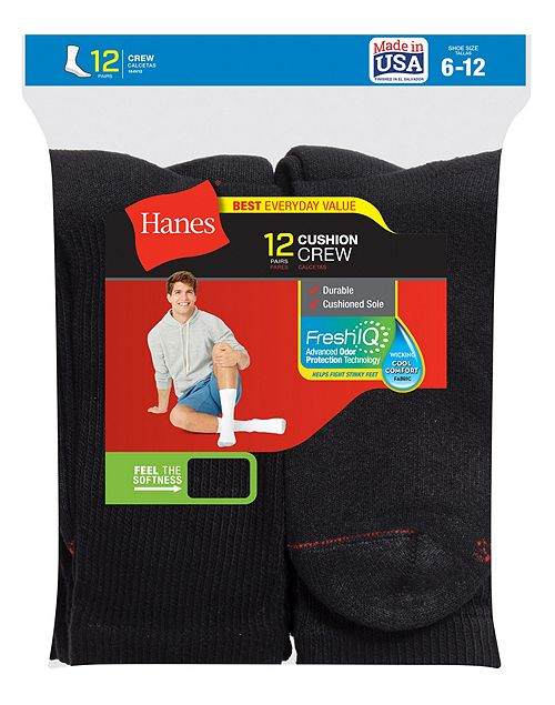 Hanes Men's FreshIQ Cushion Crew Socks 12-Pack