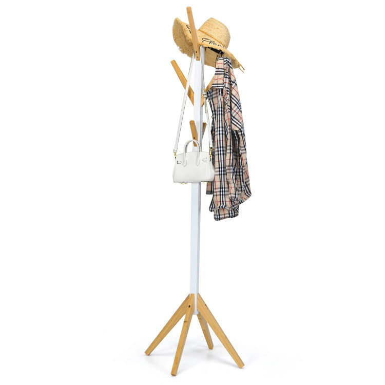 Bamboo Coat Rack Stand with 6 Hooks (White)