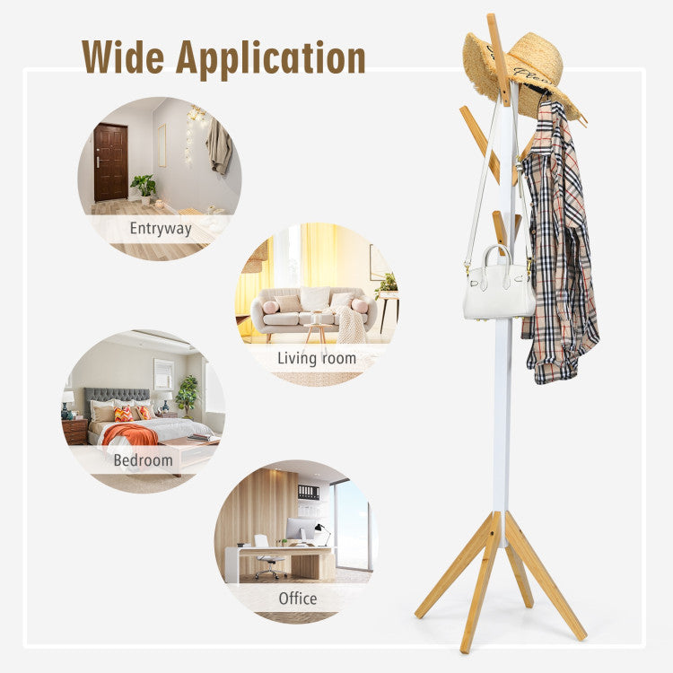 Bamboo Coat Rack Stand with 6 Hooks (White)