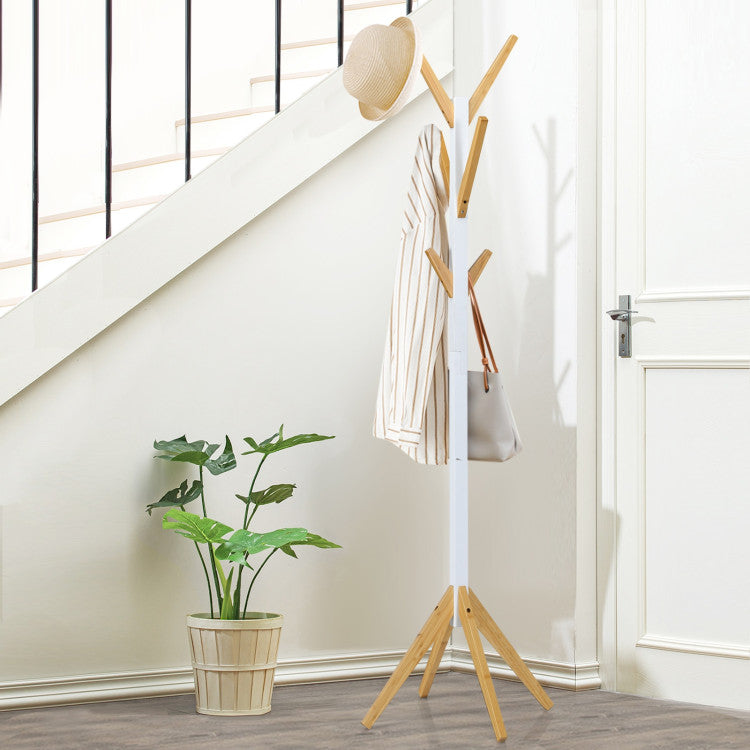 Bamboo Coat Rack Stand with 6 Hooks (White)