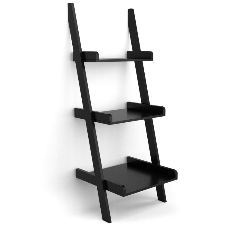 3 Tier Leaning Rack Wall Book Shelf Ladder (Black)