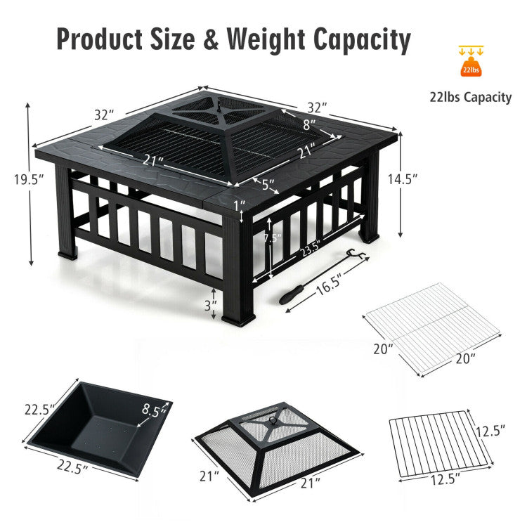 32 Inch 3 in 1 Outdoor Square Fire Pit Table with BBQ Grill and Rain Cover for Camping