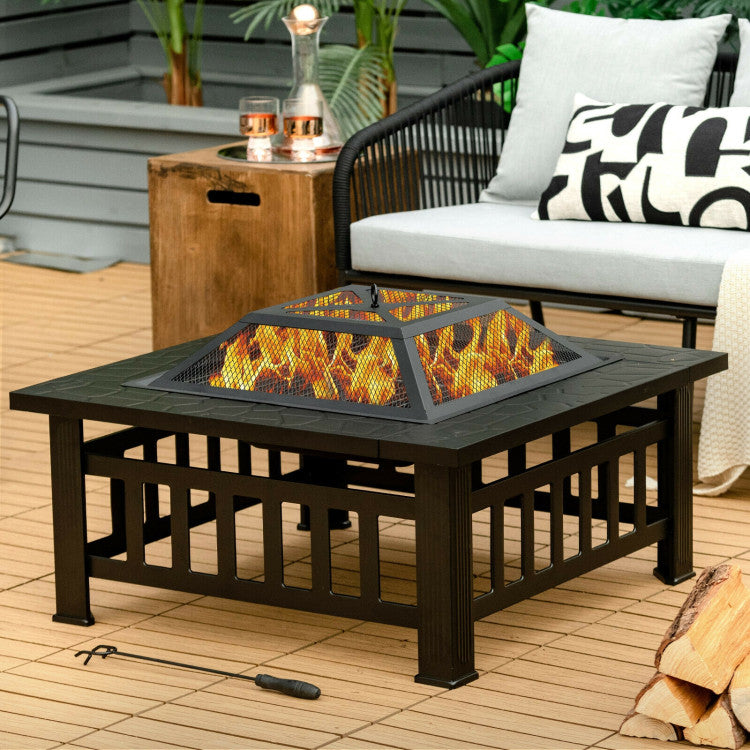 32 Inch 3 in 1 Outdoor Square Fire Pit Table with BBQ Grill and Rain Cover for Camping