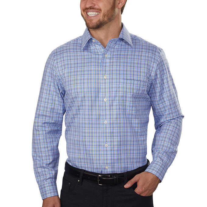 Kirkland Signature Men's Tailored Fit Dress Shirt, Blue Mini Check