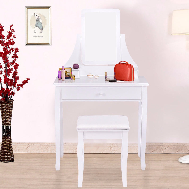 White Makeup Dressing Table Vanity Desk and Stool Set with Square Mirror and 3 Drawers Dresser Vanity Table HW55561BK