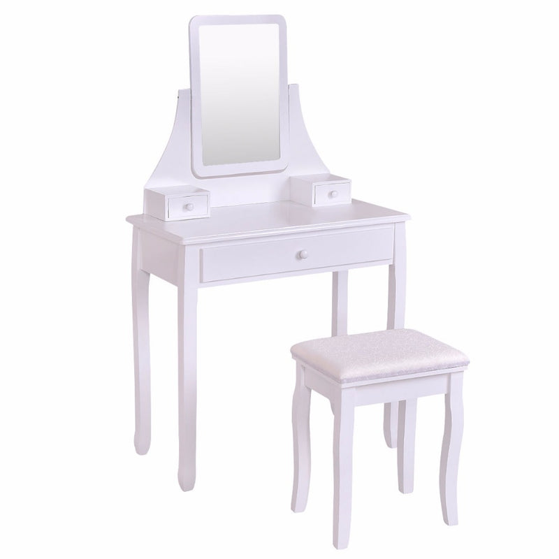 White Makeup Dressing Table Vanity Desk and Stool Set with Square Mirror and 3 Drawers Dresser Vanity Table HW55561BK