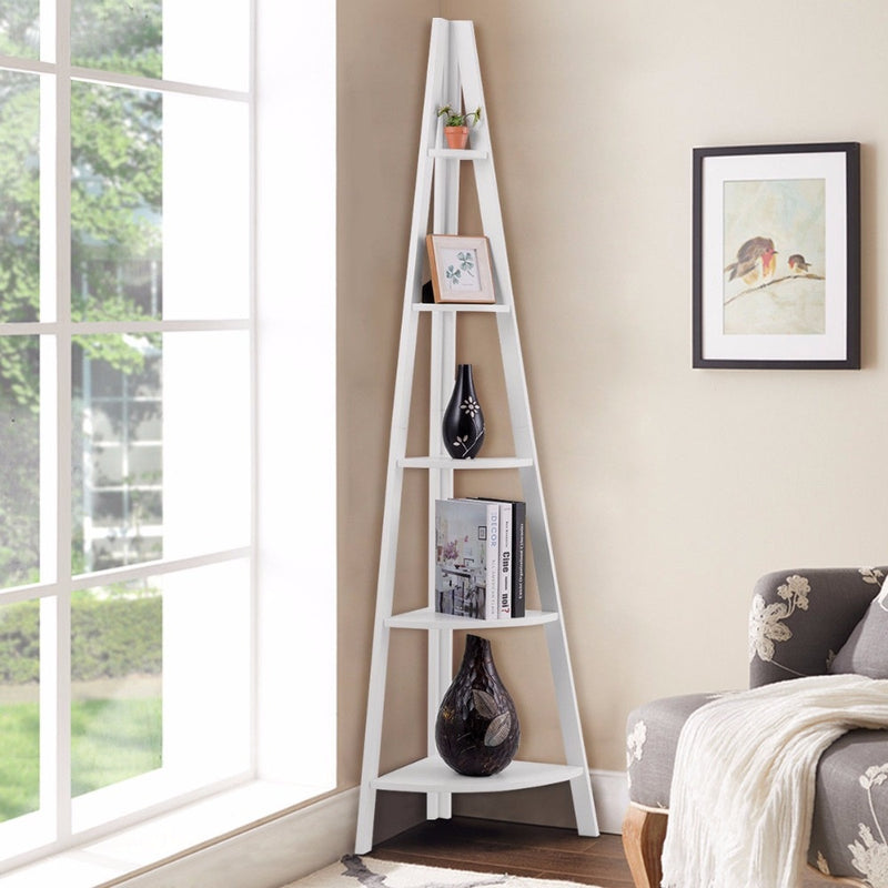 5 Tier Corner Ladder Shelf Floor Stand Shelves Bookshelf Display Bookcase Home Furniture HW60327WH