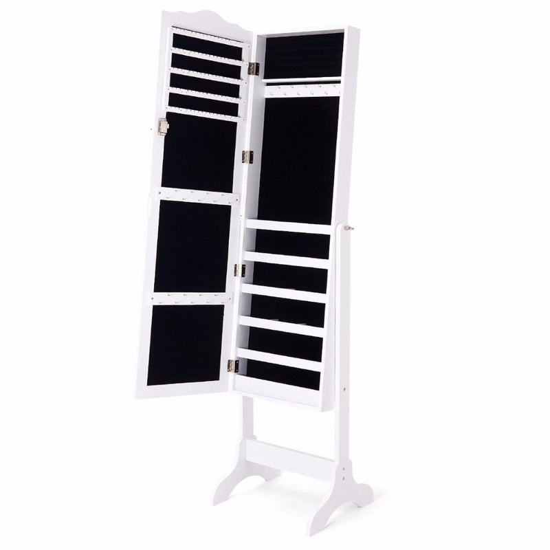 Mirrored Lockable Jewelry Cabinet Armoire Organizer Storage Box w/ Stand White Home Furniture HW60137WH