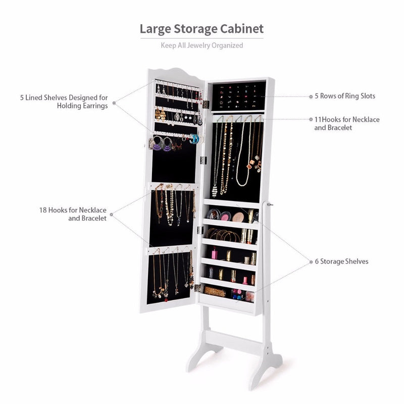 Mirrored Lockable Jewelry Cabinet Armoire Organizer Storage Box w/ Stand White Home Furniture HW60137WH