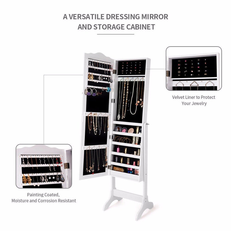 Mirrored Lockable Jewelry Cabinet Armoire Organizer Storage Box w/ Stand White Home Furniture HW60137WH