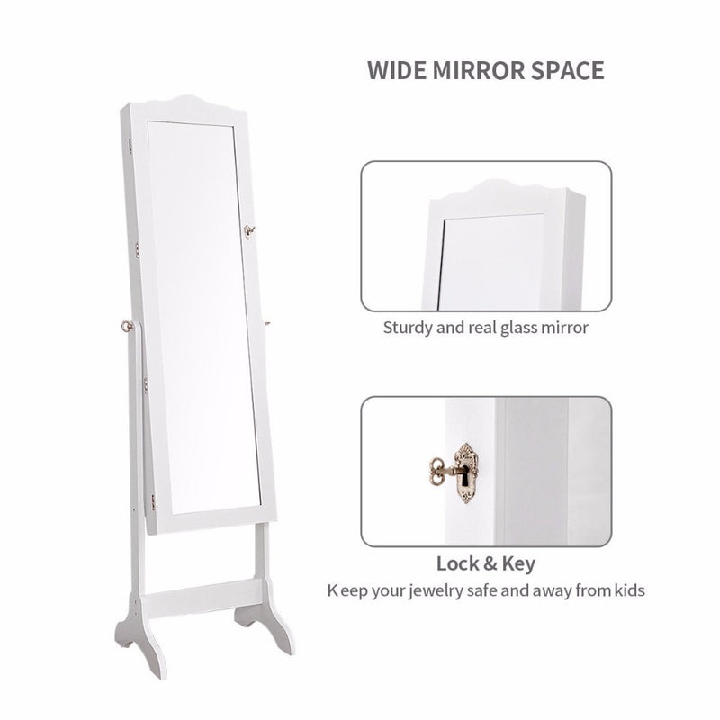 Mirrored Lockable Jewelry Cabinet Armoire Organizer Storage Box w/ Stand White Home Furniture HW60137WH