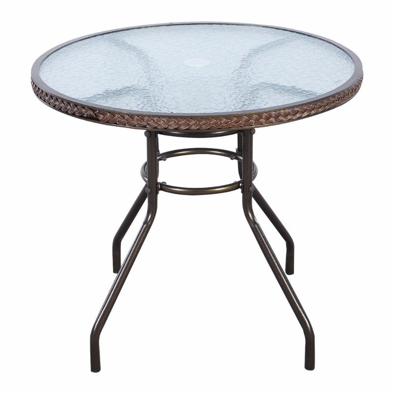 Brown Patio Rattan Round Table Tempered Glass Furniture Outdoor Coffee Dining   HW51585
