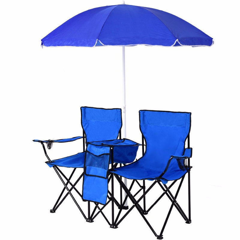 Portable Folding Picnic Double Chair W/Umbrella Table Cooler Beach Camping Chair Outdoor Furniture OP70621