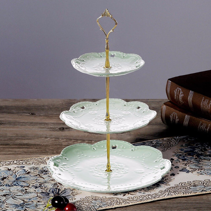 3 Tier Green Ceramic Cake Tower Stand,Porcelain Party Food Server