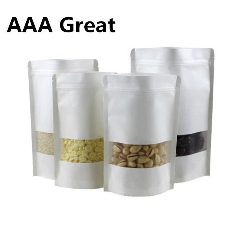 AAA Great Ziplock Kraft Paper Window Pouch White Dried Food Fruit Tea Gift Packaging Self Sealing Zipper Stand Up Bags 50Pcs/Lot