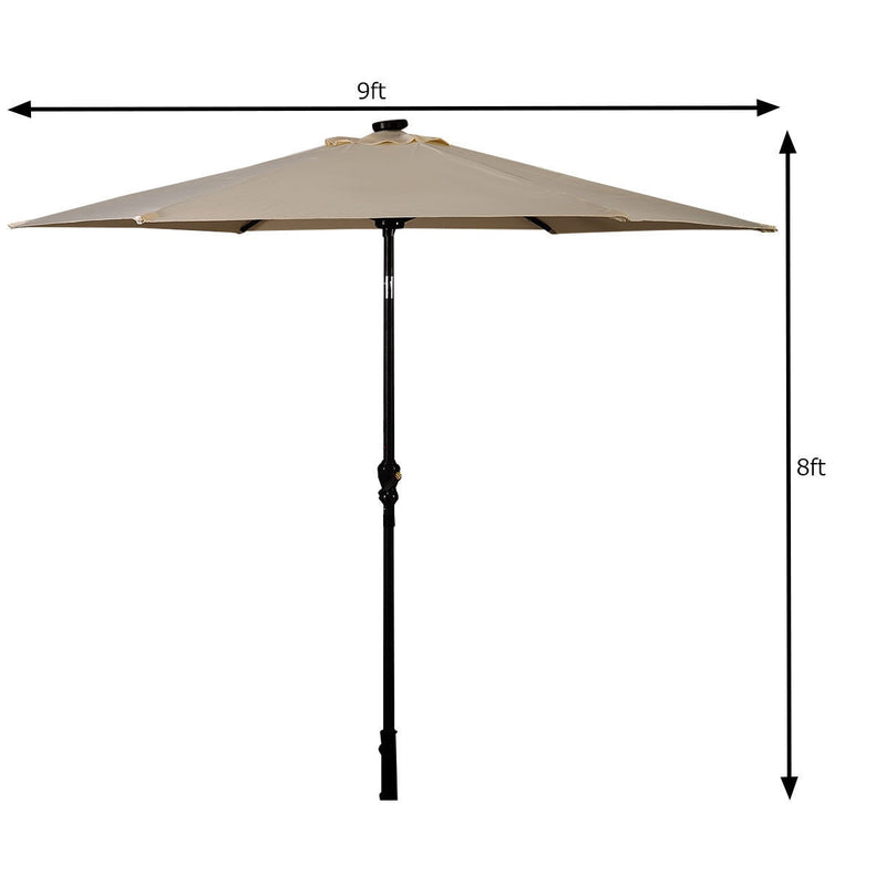 9FT Patio Solar Umbrella LED Patio Market Steel Tilt W/ Crank Outdoor