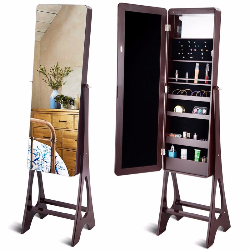 LED Jewelry Cabinet Standing Armoire Organizer w/ Bevel Edge Full Size Mirror Home Furniture HW58540