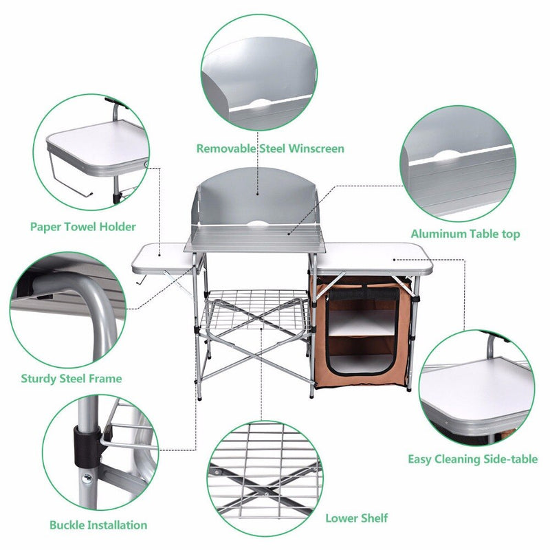 Foldable Camping Table Outdoor BBQ Portable Grilling Stand w/Windscreen Bag Outdoor Furniture OP3689