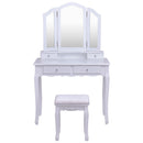 White Tri Folding Mirror Vanity Makeup Table Stool Set Home Desk With 4 Drawers Bedroom Modern Dresser HW55563WH