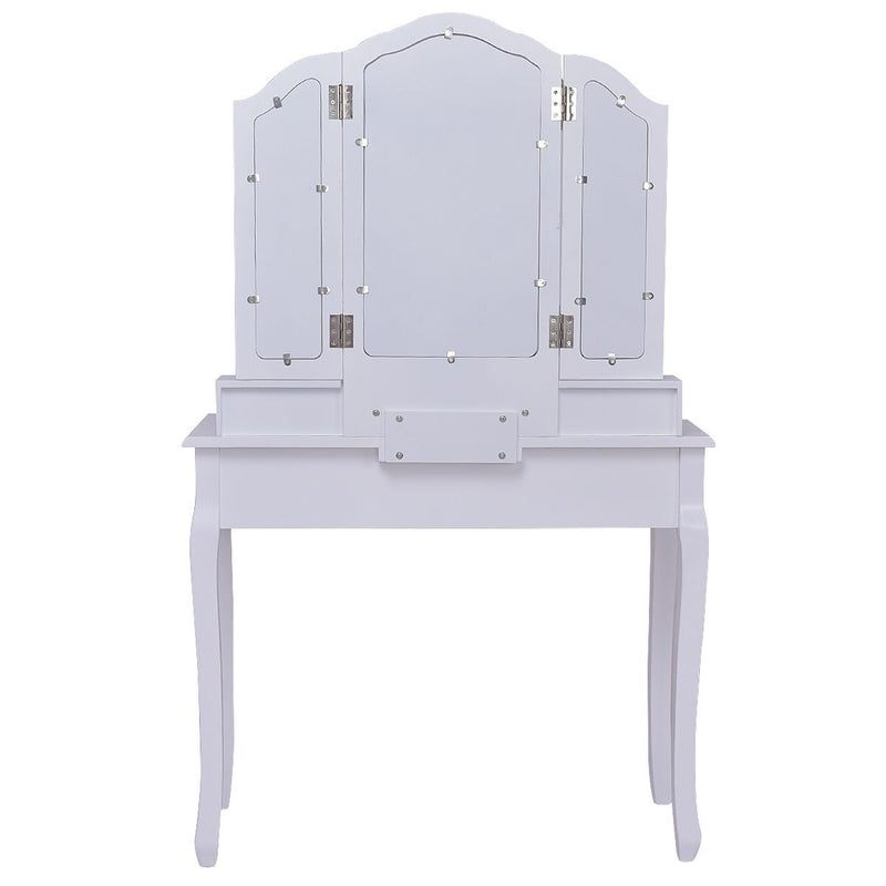 White Tri Folding Mirror Vanity Makeup Table Stool Set Home Desk With 4 Drawers Bedroom Modern Dresser HW55563WH