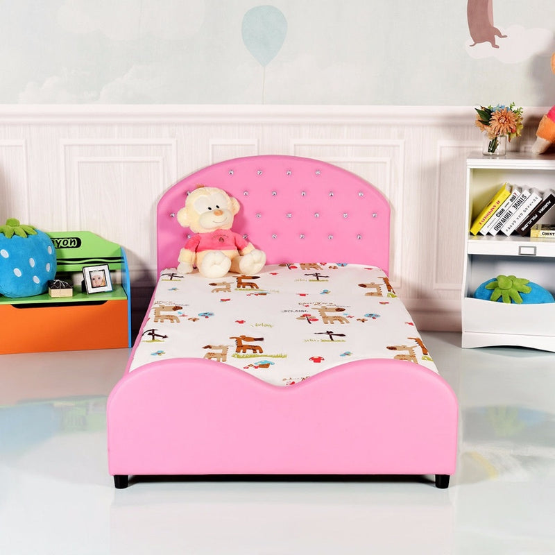 Giantex Kids Children PU Upholstered Platform Wooden Princess Bed Bedroom Furniture Pink HW59101