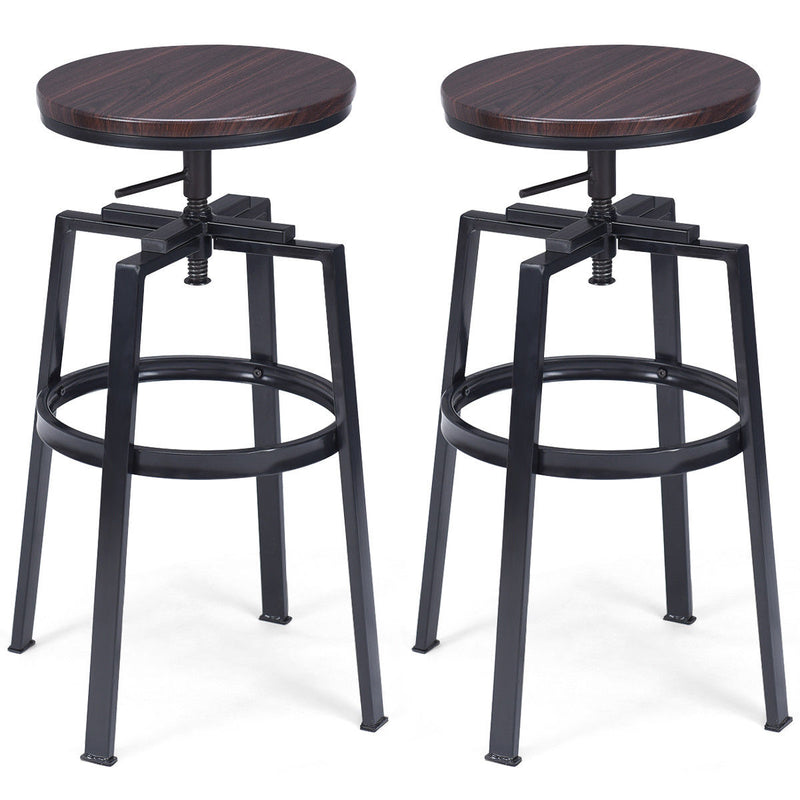Set of 2 Vintage Bar Stool Adjustable Wood Metal Design Pub Chairs Industrial