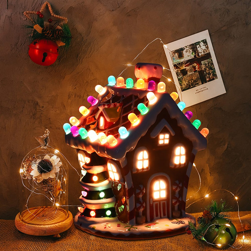 Ceramic Village House Hand-Painted Decor Christmas w/ 44 Multicolored Lights