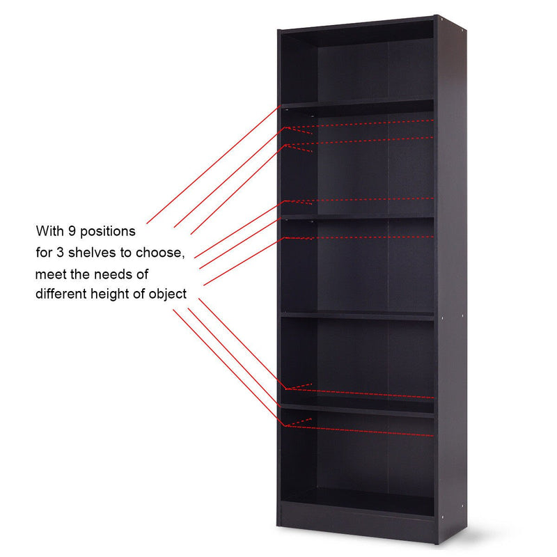 Modern 5 Tier Shelf Bookcase Storage Media Storage Organization Cabinet Black