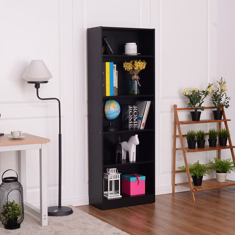 Modern 5 Tier Shelf Bookcase Storage Media Storage Organization Cabinet Black