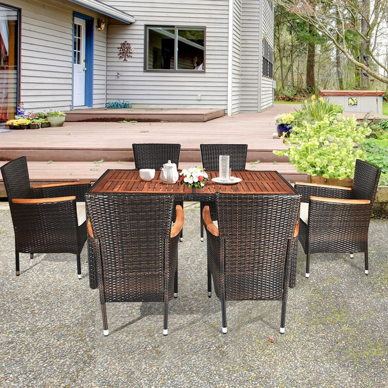 7PCS Patio Rattan Dining Set 6 Stackable Chairs Cushioned
