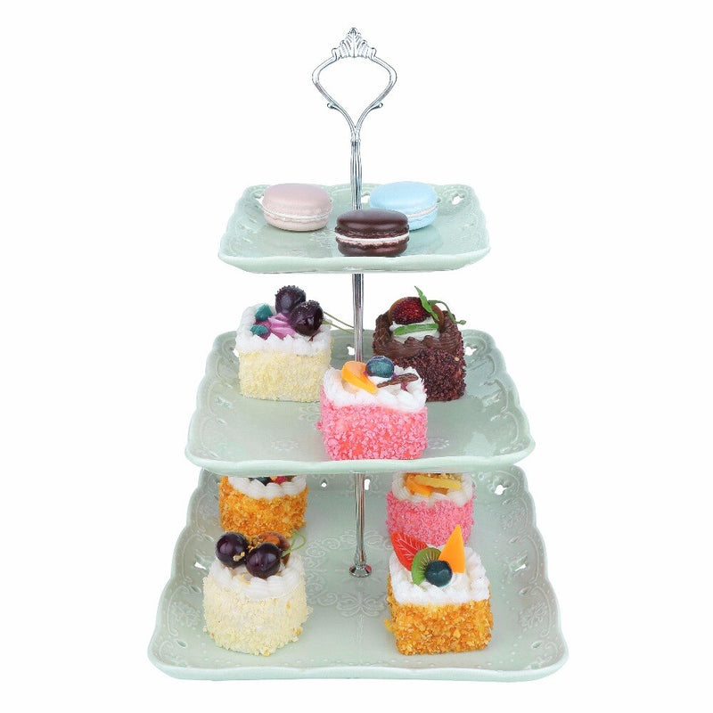 3 Tier Green Dessert Cake Tower Stand Porcelain Server Display