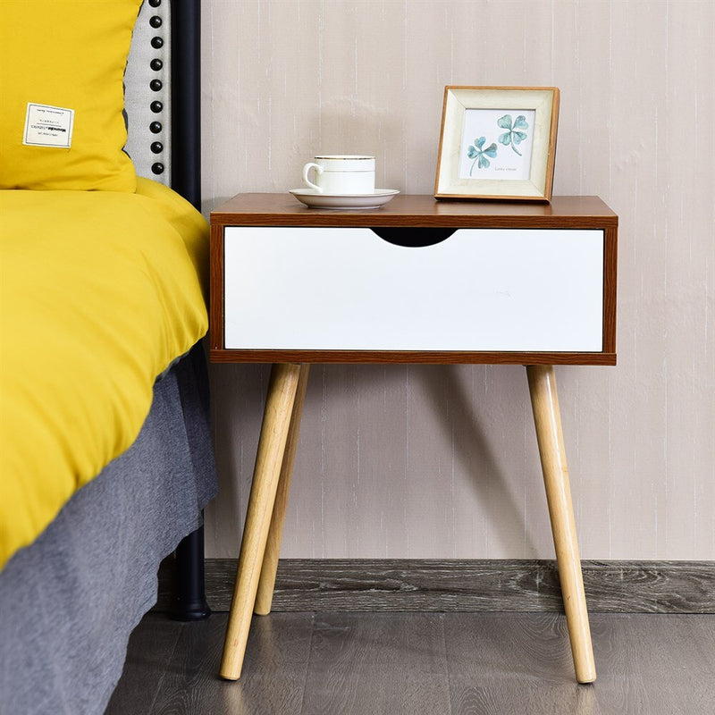 Nightstand End Side Sofa Table Storage Drawer Living Room Furni W/Solid Wood Leg