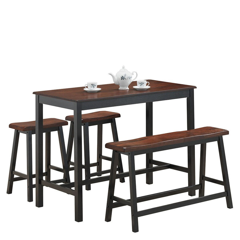 Costway 4 Pcs Solid Wood Counter Height Table Set w/ Height Bench & Two Saddle Stools