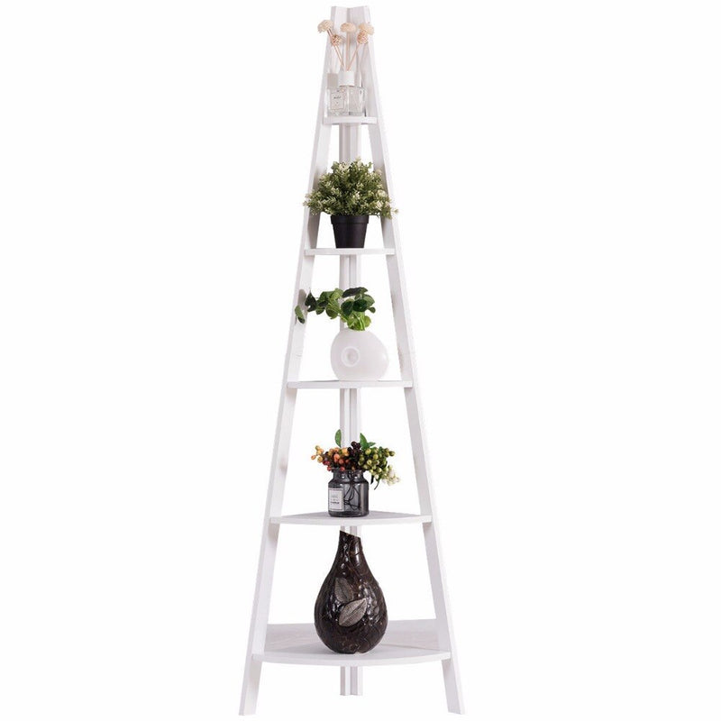 5 Tier Corner Ladder Shelf Floor Stand Shelves Bookshelf Display Bookcase Home Furniture HW60327WH