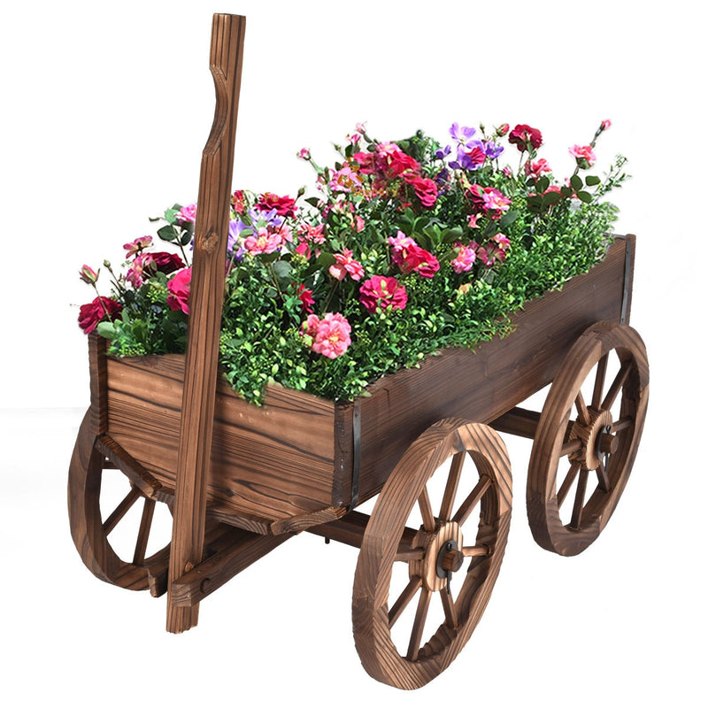 Wood Wagon Flower Planter Pot Stand W/Wheels Home Garden Outdoor Decor