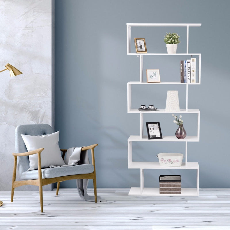 6 Tier S-Shaped Bookcase Z-Shelf Style Storage Display Modern Bookshelf