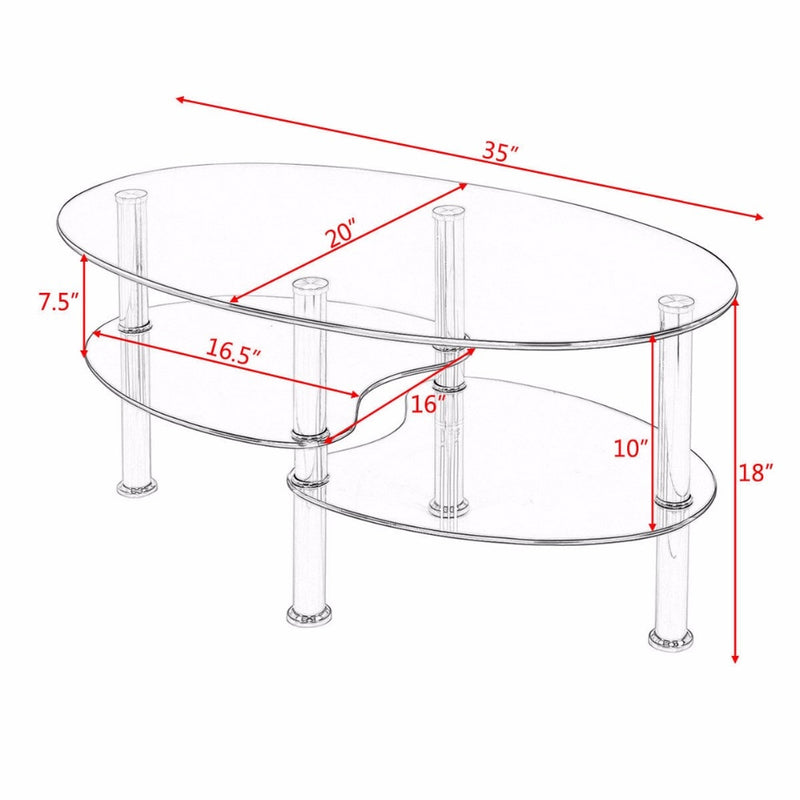 Tempered Glass Oval Side Coffee Table Shelf Chrome Base Living Room