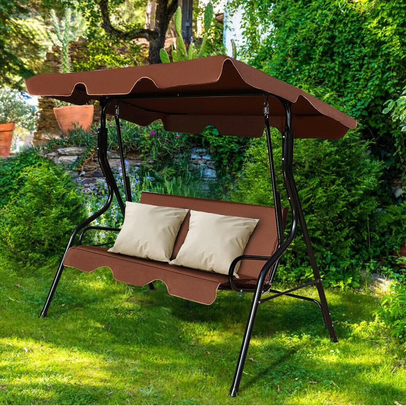 3 Seats Patio Canopy Swing Glider Hammock Cushioned Steel Frame Backyard Coffee