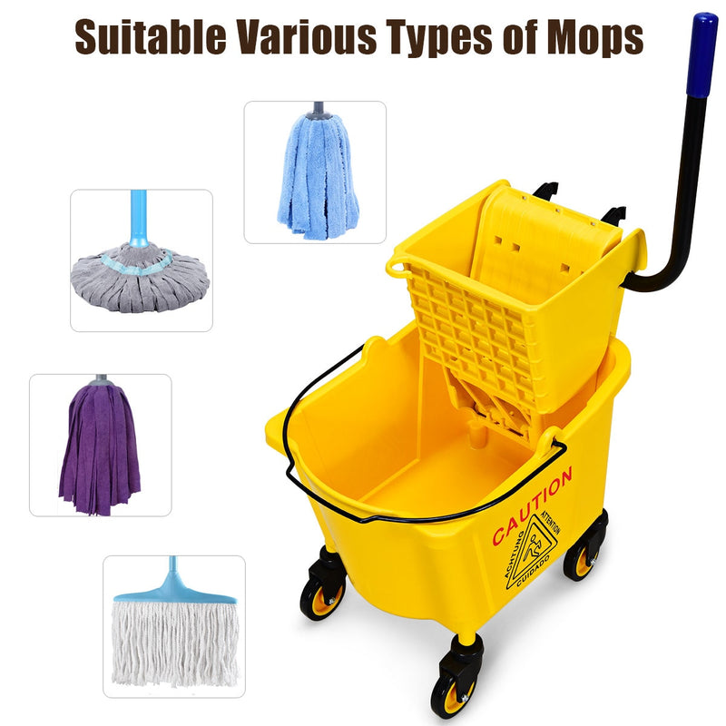 Commercial Mop Bucket Side Press Wringer on Wheels Cleaning 26 Quart Yellow