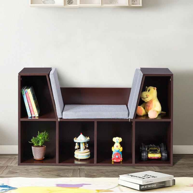 6 Cubby Kid Storage Cabinet Cushioned Bookcase Multi-Purpose Reading Shelf Brown