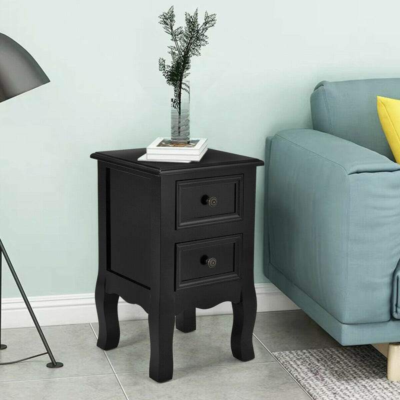 Black Night Stand w/ 2 Storage Drawers, Wood End Accent Table
